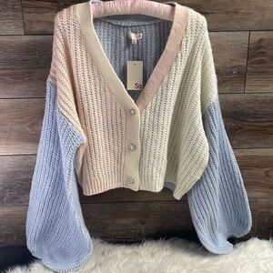 SO ColorBlock Cardigan, Soft Embrace, Size 2X, Blue, White &Pink Multicolor,NWT